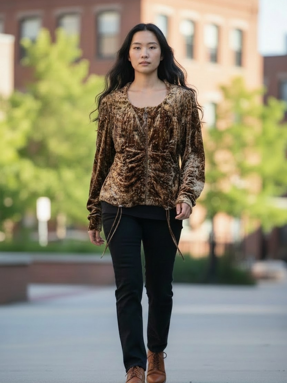 Nueva Bronze Crushed Velvet Sequin Zip Front Peplum Jacket Top Size 14 Y2K Glam